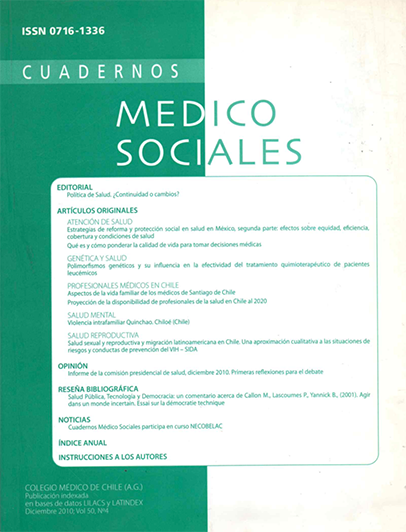 					View Vol. 50 No. 4 (2010): Cuadernos Médico Sociales
				